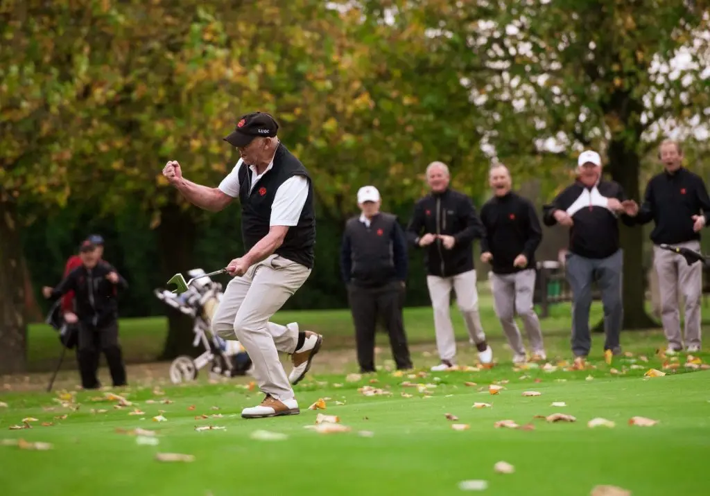 Lancashire’s Bryan Hughes holes the putt that gave Lancashire the 2018 English Seniors County Champioonship